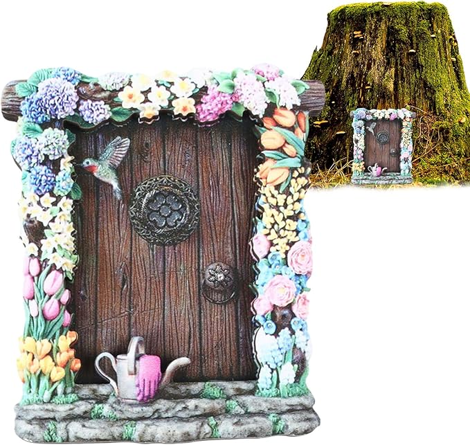 Miniature Fairy Door, Wooden Gnome Door for Trees Wall, Fairy Garden Outdoor Decor Accessories