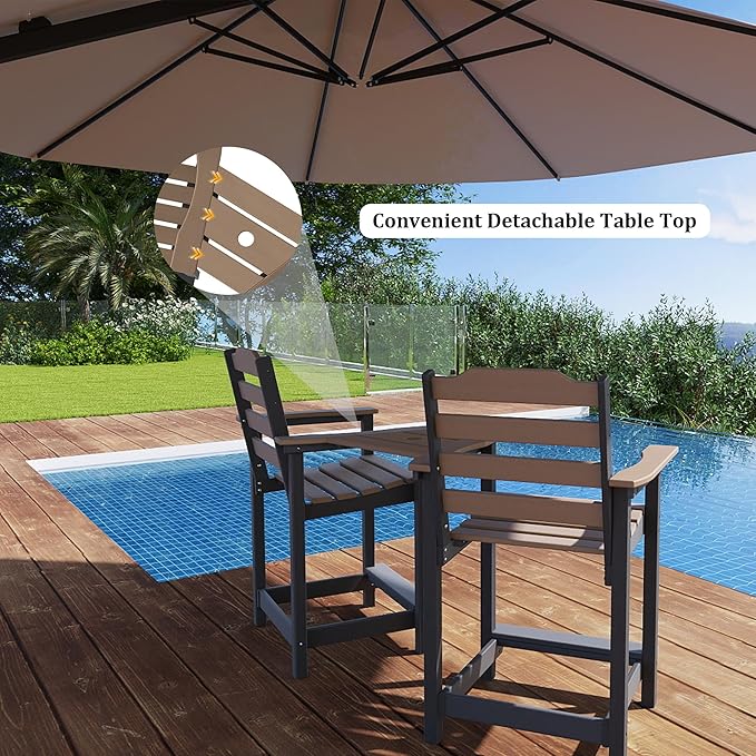 OTSUN Tall Adirondack Chairs Set of 2 with Connecting Tray, 24 inches HDPE Bar Height Outdoor Chairs, All Weather Resistant for Balcony, Porch, Kitchen (2 PCS, Black&Brown)
