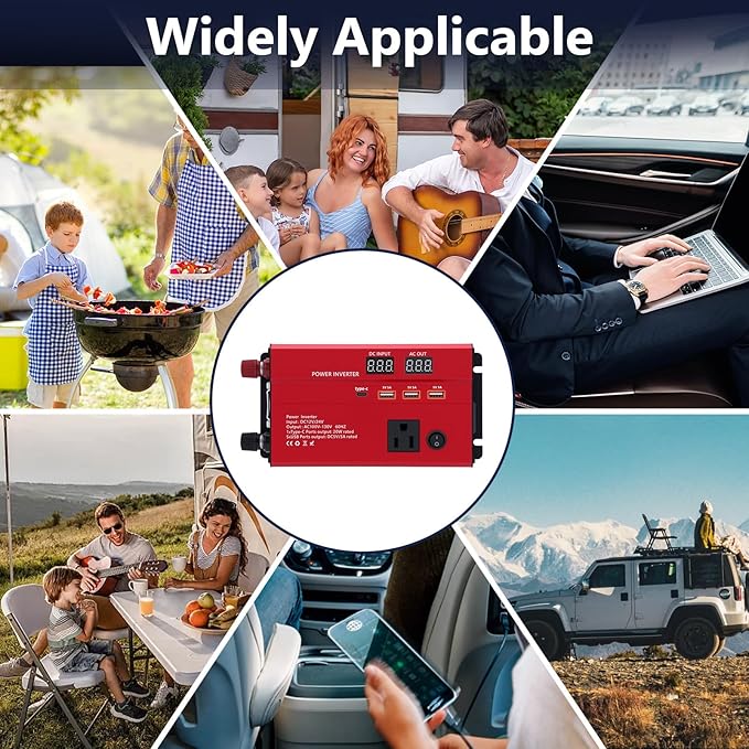 600W Car Power Inverter, 12V/24V Car Plug Adapter Outlet Converter with 1 Type C Port, 3 USB Ports, Dual AC Outlets for Cars Trucks US Plug (Red)