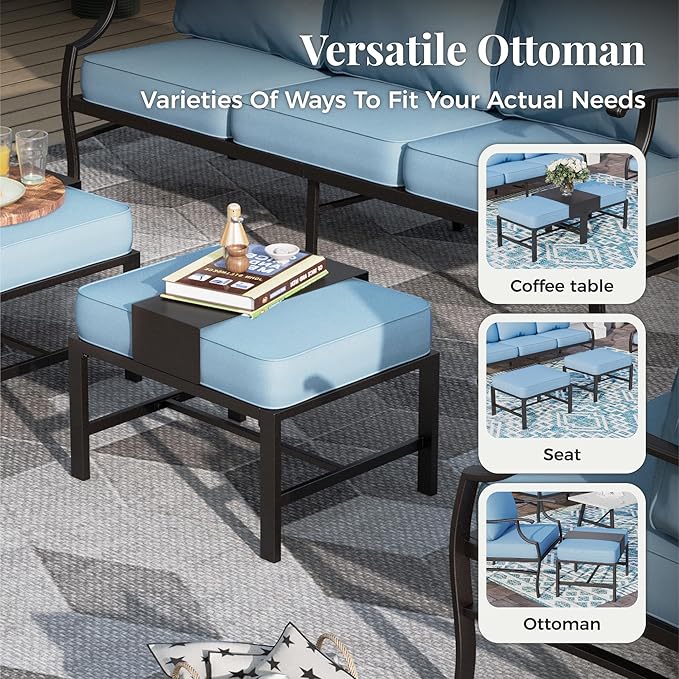 Patio Furniture Set 6 pcs, Outdoor Patio Furniture, 3-Seat Sofa, 2 Single Chairs, 2 Ottomans, Coffee Table and 5.75" Extra Thick Cushion, Patio Conversation Set for Garden Backyard Deck,Blue