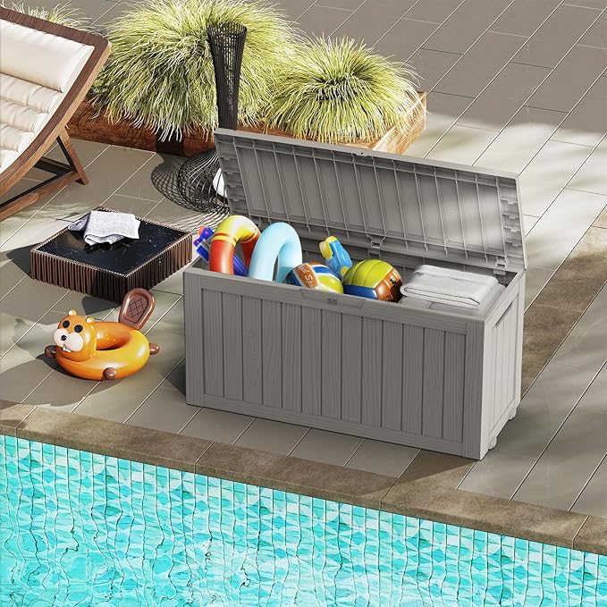 Mars Villa Deck Box, Waterproof Weatherproof and UV Resistant Resin Storage Bin with Lockable Lid, Ideal for, Outdoor, Patio Furniture Cushions, Pool Supplies, Garden Tools (72 Gallon, Light Brown)