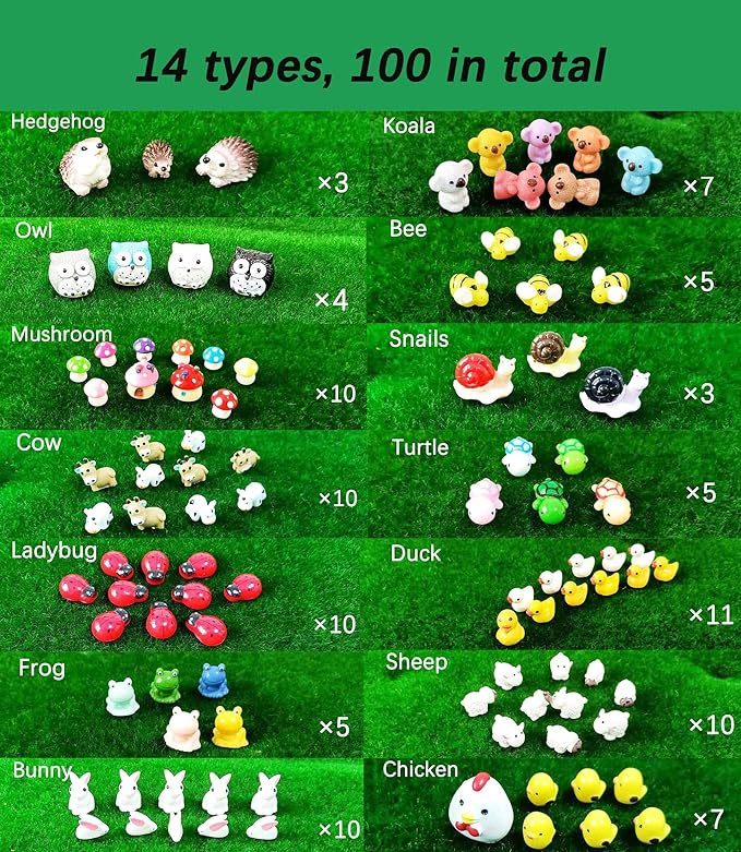 100 Pcs Mini Resin Animals Figures, Mixed Tiny Plastic Animals Figurines to Hide Miniature Fairy Garden Accessories