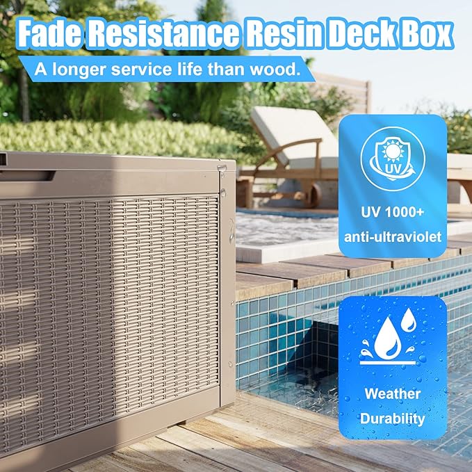 DRATO 320 Gallon Deck Box, Outdoor Large Waterproof Resin Storage Box with Lockable Lid for Patio Cushions, Gardening Tools, Light Brown