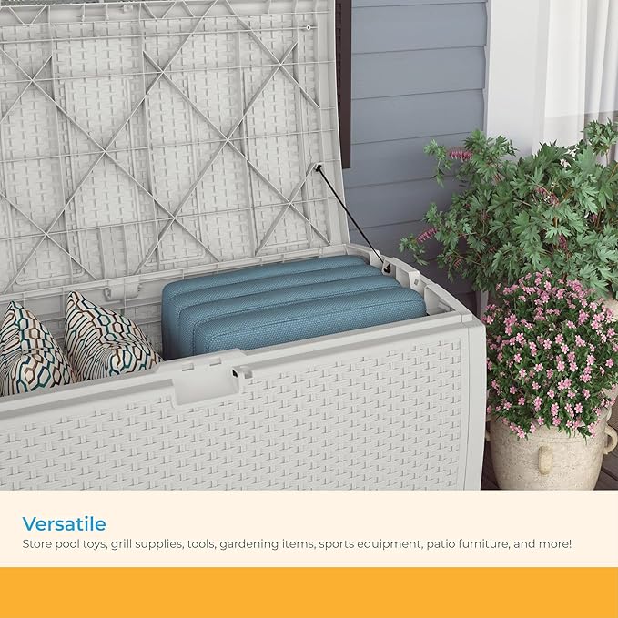 Suncast 99 Gallon Wicker Horizontal Outdoor Deck Box with Hinged Lid, Water-Resistant Storage Solution for Patio, Deck, Yard, and Garage, White, Made in the USA