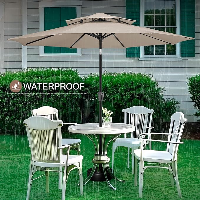 FLAME&SHADE 9ft Patio Umbrella - 2 Tiers Outdoor Umbrella with Push Button Tilt and Crank for UV Protection, Table Market Umbrella for Garden, Deck, Backyard, Pool and Beach(Taupe)