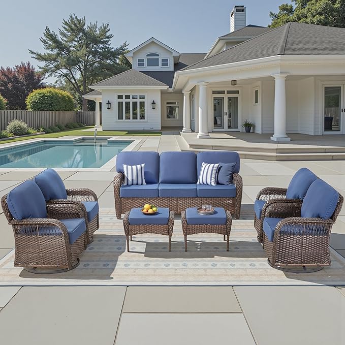 7 Pieces Patio Furniture Set Outdoor Sectional Sofa Couch with 4 Rocking Swivel Chairs 5" Deep Seat Chairs, Modern Wicker Rattan Conversation Set, Blue/Brown Wicker