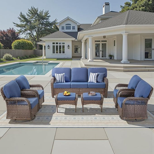 7 Pieces Patio Furniture Set Outdoor Sectional Sofa Couch with 4 Rocking Swivel Chairs 5" Deep Seat Chairs, Modern Wicker Rattan Conversation Set, Blue/Brown Wicker