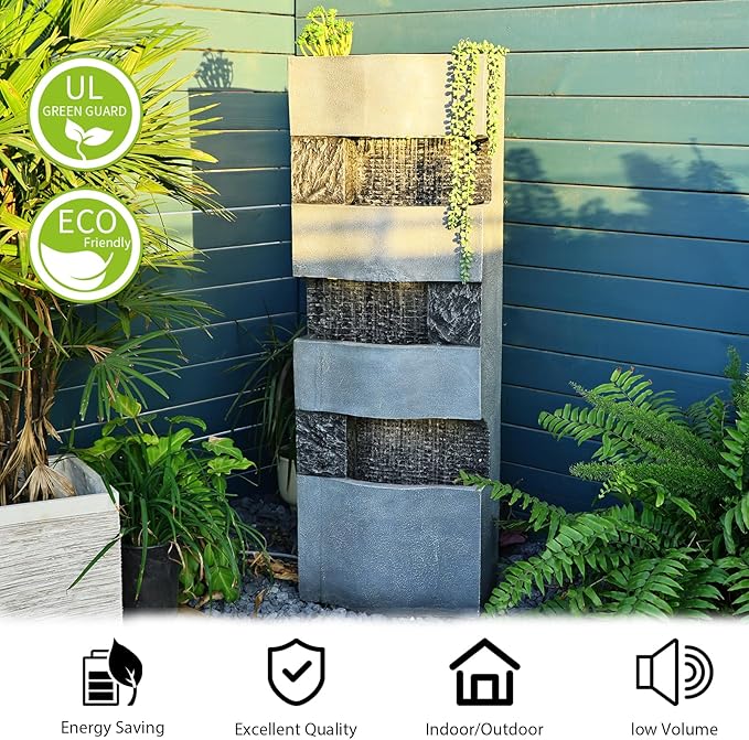 40.5''H Garden Water Fountain Outdoor,4 Tiered Floor Standing Waterfall Outdoor Fountains with LED Lights for Garden, Patio, Backyard, Deck, Porch and Home Art Decor