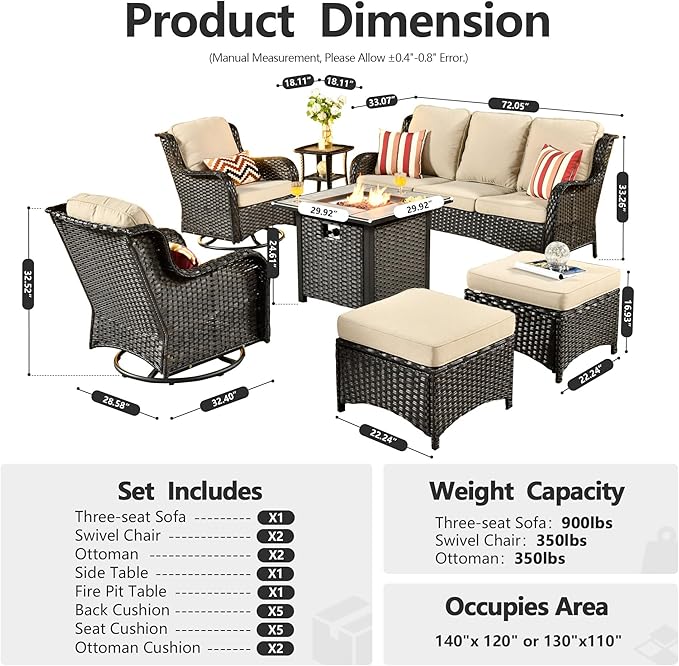 HOOOWOOO Patio Furniture Set,7 Piece Outdoor Furniture Set with Fire Pit Table,Wicker Patio Conversation Couch Swivel Chairs Ottoman Set,Beige