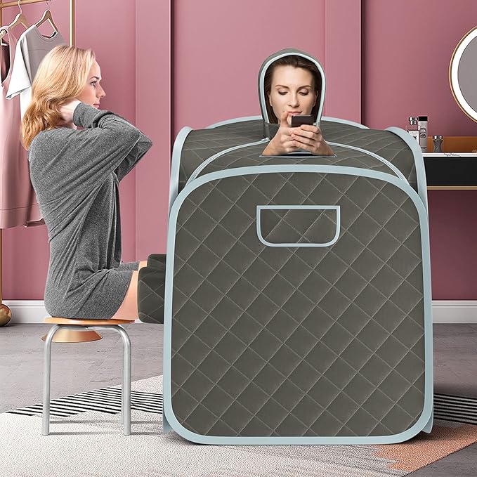 COSTWAY Portable Steam Sauna, Remote Control, 3L Steamer, Foldable Sauna Spa with 9 Temperature and 90 Mins Timer, Atomization, Personal Sauna Hat Tent for Detox Relaxation (Grey)