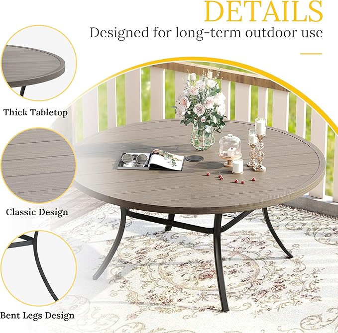 VICLLAX Patio Dining Set for 6, 7 Pieces Outdoor Furniture Includes 53" Round Patio Table with Umbrella Hole and 6 Outdoor Swivel Chairs for Lawn Garden, Grey Wood Grain Tabletop and Grey Fabric