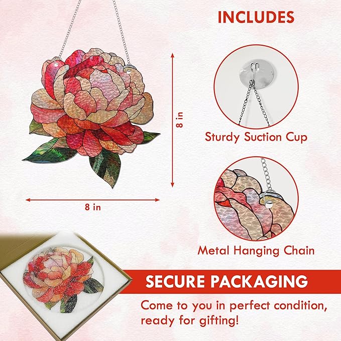 FLAGWIX Christmas Peony Flowers Gifts for Grandma - Stained Glass Window Hanging 8 in - Birthday Gifts for Women Mom, Grandma Gift, Peony Sun Catchers Indoor Window, Suncatchers Christmas Decorations