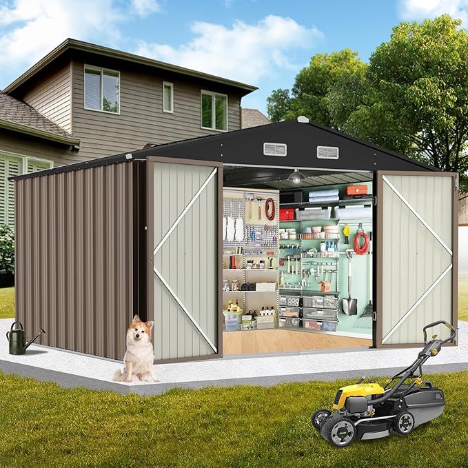 8X10FT Metal Outdoor Storage Shed - Galvanized Steel Waterproof Garden Shed with Lockable Doors & Vents, All-Weather Utility Tool Shed for Lawn Mower, Bike