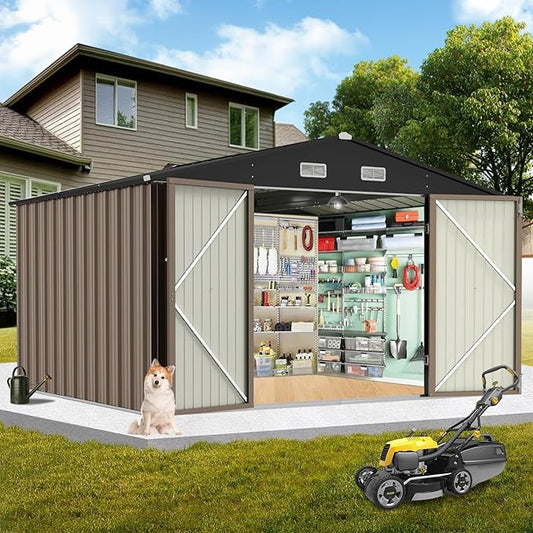 8X10FT Metal Outdoor Storage Shed - Galvanized Steel Waterproof Garden Shed with Lockable Doors & Vents, All-Weather Utility Tool Shed for Lawn Mower, Bike
