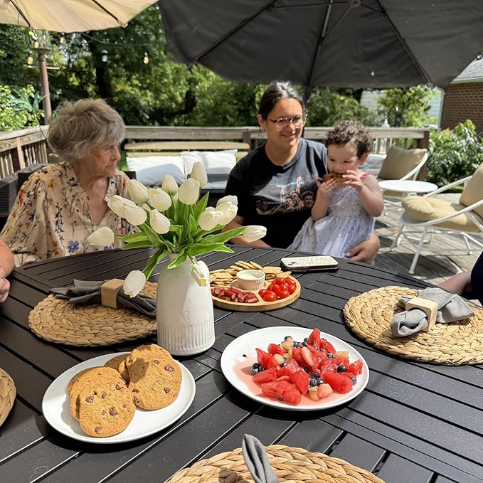 Patio Table and Chairs Set of 6, All-Weather Breathable Textilene Patio Chair with Gourd-Shaped Armrests, 54x54 Round Table with Umbrella Hole, 7 Pcs Metal Frame Patio Dining Set