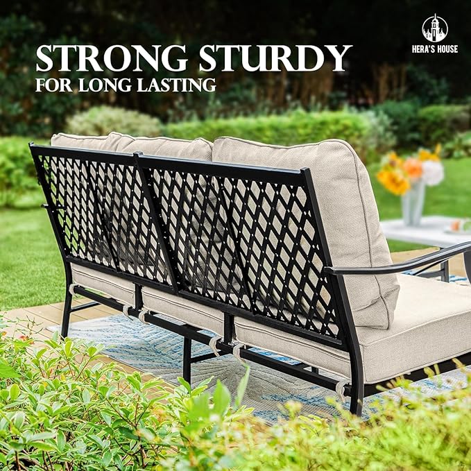 HERA'S HOUSE 6 Piece Patio Furniture Set, 4 x Fixed Metal Cushioned Chair, 1 x 3-Seat Sofa with Marbling Coffee Table, Outdoor Conversation Set for Lawn Garden Backyard Poolside