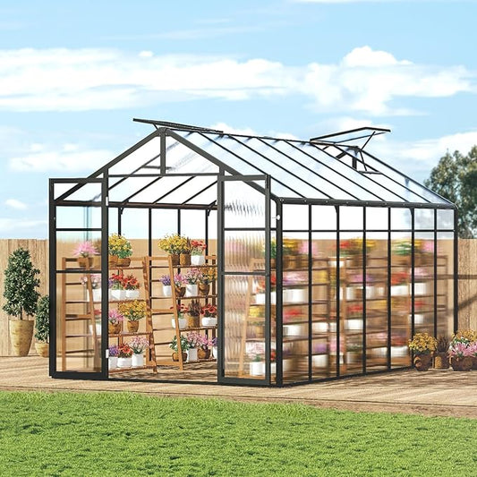 VEVOR Polycarbonate Greenhouse, 8 x 14 Ft, Outdoor Greenhouse with 2 Vent Windows, Pavilion Styled Greenhouse with Hinged Door, Aluminum Large Walk-in Greenhouse Kit for Outside Garden Backyard