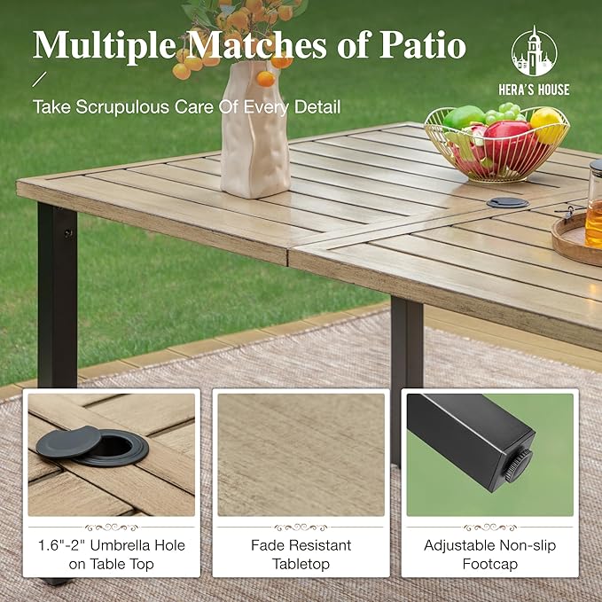 HERA'S HOUSE 7 Pieces Outdoor Dining Set, Outdoor Dining Set for 6, 6 x Cushioned Rattan Chairs, 1 x Rectangular Metal Dining Table with Wood-Look Finish for Patio, Lawn, Garden, Porch