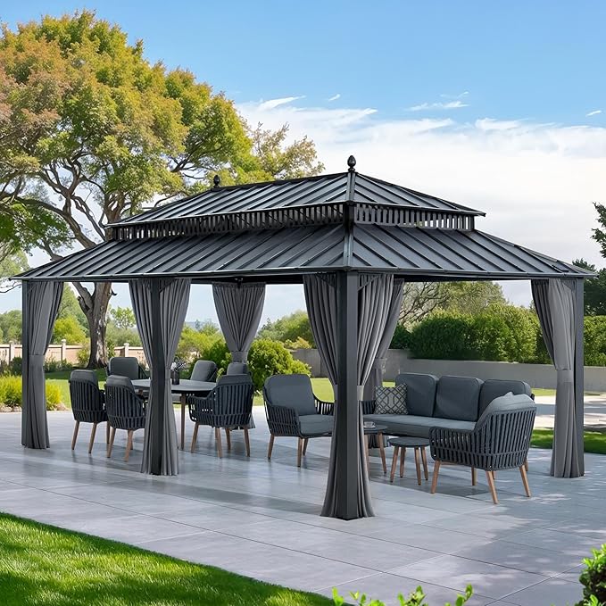 SUNJOY Kingston 20' x 12' Hardtop Gazebo with Galvanized Steel Double Roof, Curtain and Netting, Gray Aluminum Posts Permanent Pavilion Gazebo for Garden, Patio, Deck, Lawn
