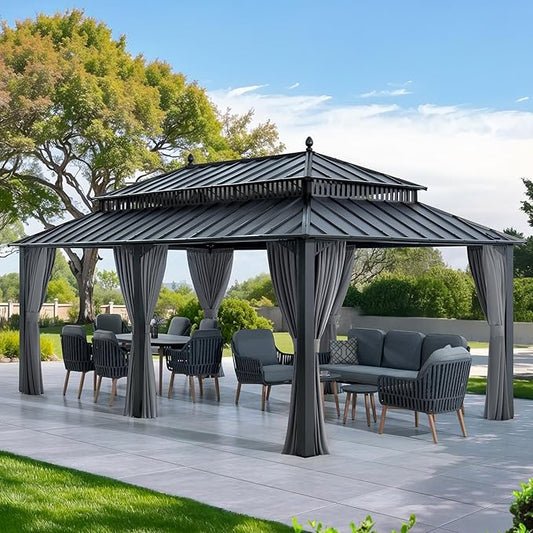 SUNJOY Kingston 20' x 12' Hardtop Gazebo with Galvanized Steel Double Roof, Curtain and Netting, Gray Aluminum Posts Permanent Pavilion Gazebo for Garden, Patio, Deck, Lawn