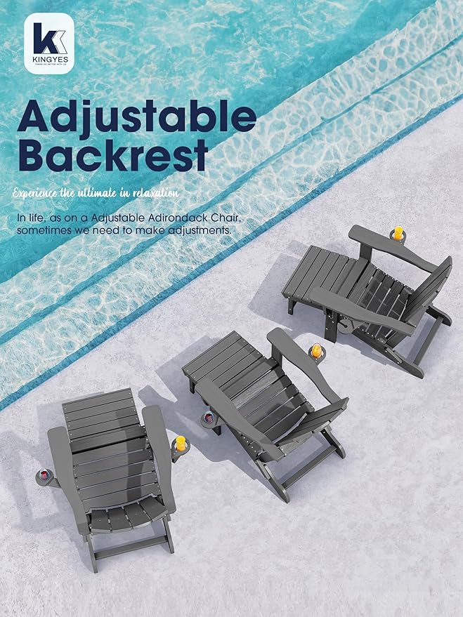 KINGYES Folding Adjustable Adirondack Chair with Ottoman & 2 Cup Holders Set of 2, HDEP Adirondack Chair with Footrest, Grey