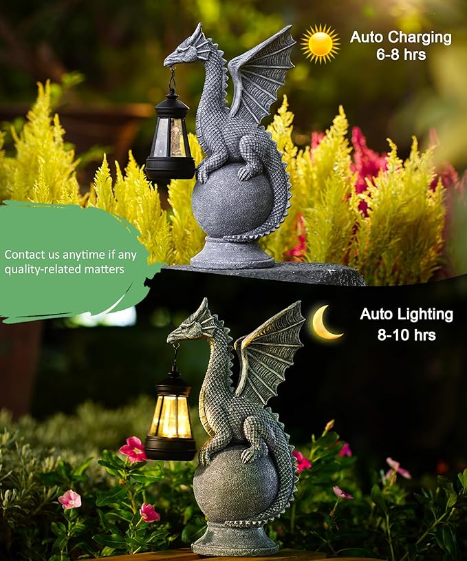 Dragon Statue with Solar Lights Lantern,Outdoor Garden Sculpture Decor for Yard Lawn Balcony Patio Porch,Gardening Gifts for Mom Women Grandma