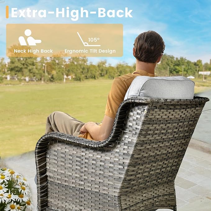 HOOOWOOO Patio Furniture Set,3 Piece Outdoor Furniture with Swivel Chairs,Wicker Patio Bistro Chairs Set,Light Gray