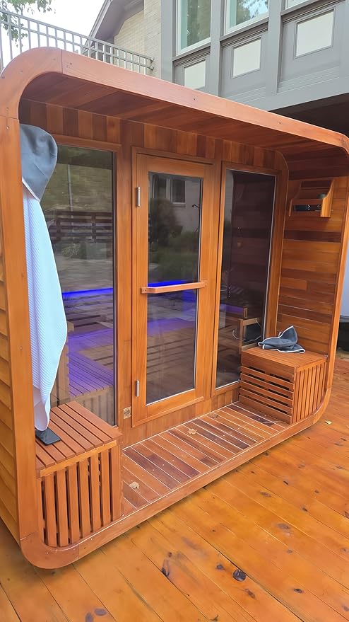 Customize Outdoor Traditional Steam Sauna 4-10 Person, Canadian Hemlock, Red Cedar Sauna, Porch Option, Glass Window Option, Wood Burning Stove or Harvia Heater, ETL Certificate(0-195 °F)