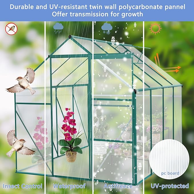 Favfurish 6x8FT Polycarbonate Walk-in Greenhouses, Heavy Duty Hobby Green House, Storage Shed with Sliding Doors & Adjustable Roof Vent, Aluminum Sunroom Hot House for Outdoor Garden Backyard
