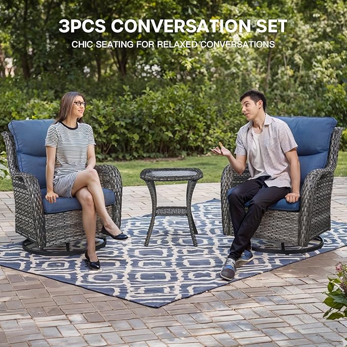 Patio Swivel Chairs with Smile-Shaped Cushions, 3 Piece High Back Patio Swivel Glider Chairs with Side Table 3PCS PE Rattan Luxury Swivel Patio Chair Set | Grey Wicker - Blue Cushions