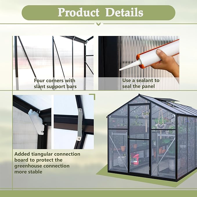 KEIKI 6x12 FT Greenhouse for Outdoors, Heavy Duty Polycarbonate Greenhouse, Large Walk-in Green House with Double Doors and Two Ventilation Windows for Outside Green House Garden Backyard
