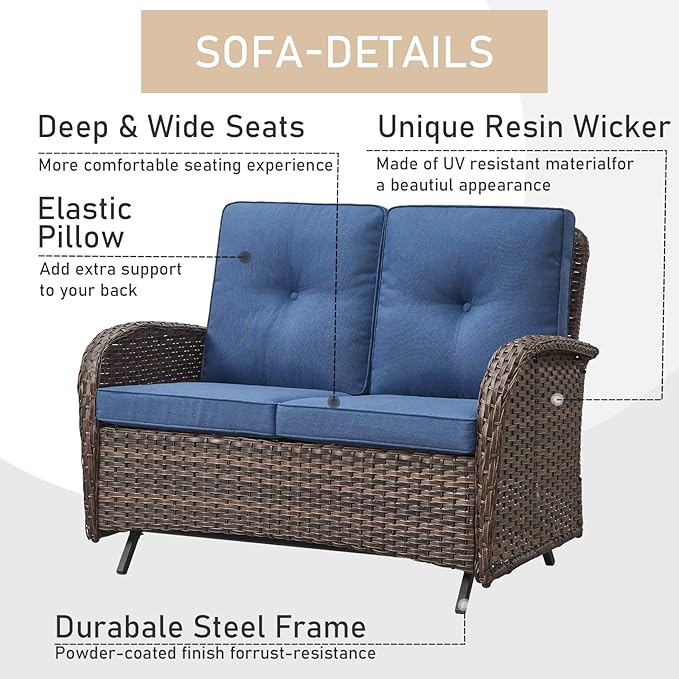 HUMMUH Patio Furniture 7-Piece PE Wicker Outdoor Conversation Set,All-Weather Rattan Swivel Chairs with Ottomans Glider Loveseat for Backyard,Poolside,Deck