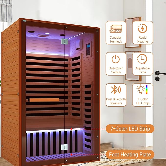 RIGO Sauna Infrared Far Infrared Sauna for Home Sauna 2 Person with Hemlock Wood Dry Sauna for Home Infrared Sauna 2 Person Low EMF Indoor Sauna for Two Person in Home Sauna 1950W with Speakers
