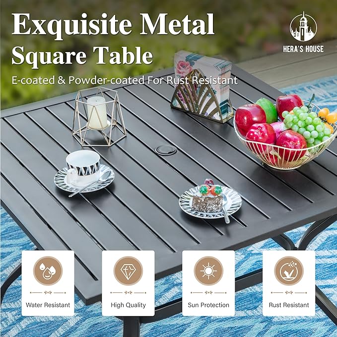 HERA'S HOUSE Metal Patio Table and Chairs Set for 4, Outdoor Dining Set 5 Pieces, 37" Square Table with Elegant Cushioned Armrest Chairs for Garden Backyard with 1.57" Umbrella Hole
