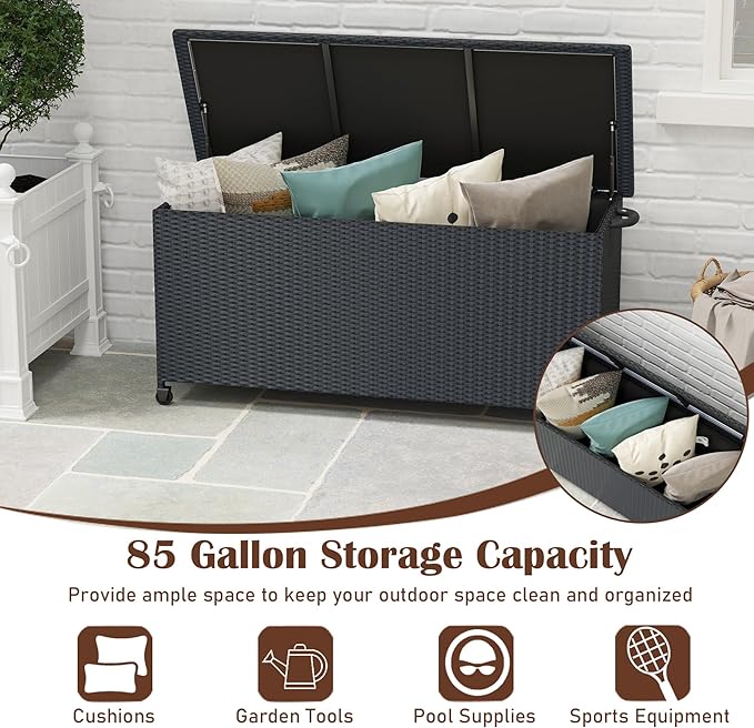 RELAX4LIFE 85-Gallon Deck Box with Wheels - Wicker Rattan Storage Bin Container w/Waterproof Liner & Gas Strut for Patio Cushions, Garden Tools, Pool Supplies, Indoor Outdoor Storage Box (Black)