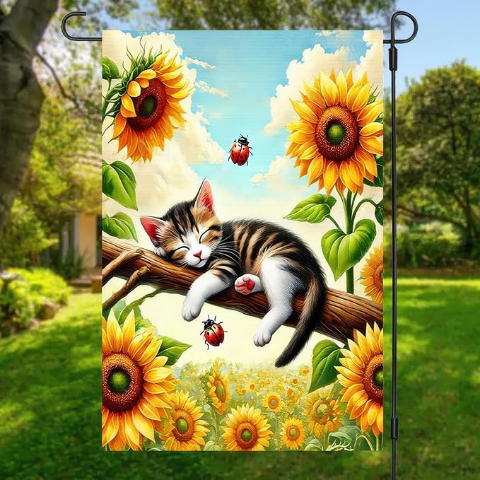 Spring Garden Flag 12x18 Inch Double-Sided Sleeping Kitten Yard Decoration Sunflowers Ladybugs for Outdoor Garden Patio Yard Spring Summer Décor