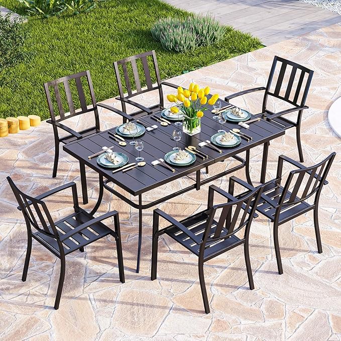 PHI VILLA 7 Piece Outdoor Dining Set for 6, 60” Rectangular Metal Steel Table with Umbrella Hole & Stacking Wrought Iron Chairs, Large Furniture Set for Patio, Deck, Yard - Black