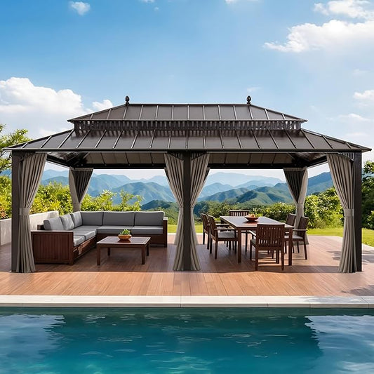 SUNJOY Kingston 20' x 12' Hardtop Gazebo with Galvanized Steel Double Roof, Curtain and Netting, Brown Aluminum Posts Permanent Pavilion Gazebo for Garden, Patio, Deck, Lawn