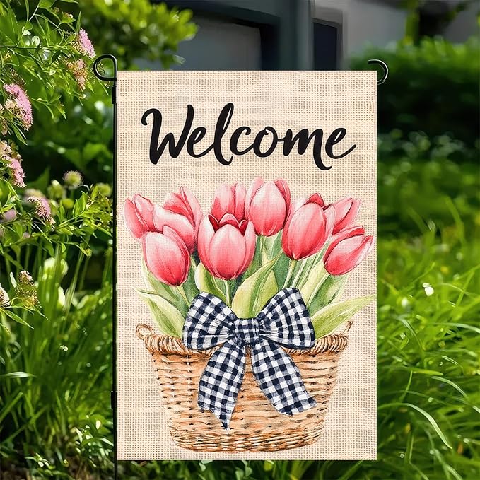 Spring Floral Garden Flag Tulips Garden Decoration Supplies 12x18 Inch Double Sided Flag Farmhouse Holiday Outside Seasonal Decor Seasonal Flower Yard Flags