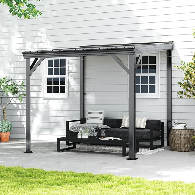 Domi 8'x8' Lean to Gazebo Hardtop, Expandable Wall Mounted Pergola with Gutters & Galvanized Steel Roof, 60MPH Wind Resistance, Outdoor Metal Heavy Duty Metal Awning for Patio, Deck, Backyard - Grey
