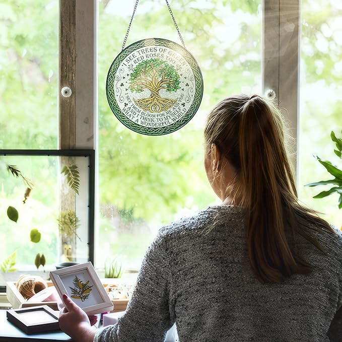 FLAGWIX Christmas Tree of Life Gifts for Women Men - Stained Glass Window Hanging 8 in - Birthday Gifts for Friend Family, Tree of Life Decor Suncatchers for Windows Hanging, Celtic Garden Decor