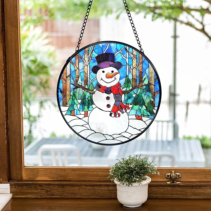 TNUW Snowman Christmas Stained Glass Window Hanging, Rustic Winter Xmas Snowman Sun Catchers Indoor Window Glass Round Wall Art Decor, Christmas Sculptures, Statues, Suncatchers, 7.9＂x7.9＂
