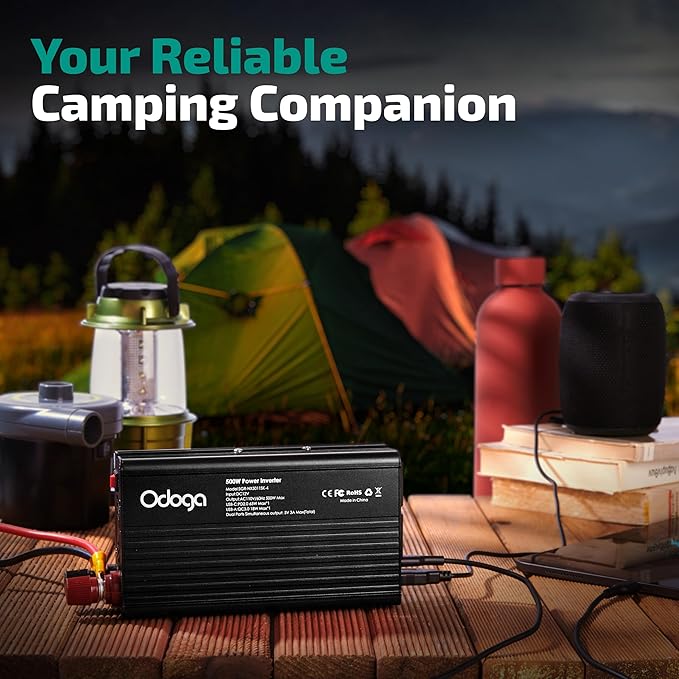 500W Car Power Inverter 12v to 110v – Car Adapter for Plug Outlet, DC to AC Converter, USB/USB-C Fast Charger for Laptop, Phone, Dual AC – for Vehicle, Pickup Truck, Roadtrip, Camping by Odoga