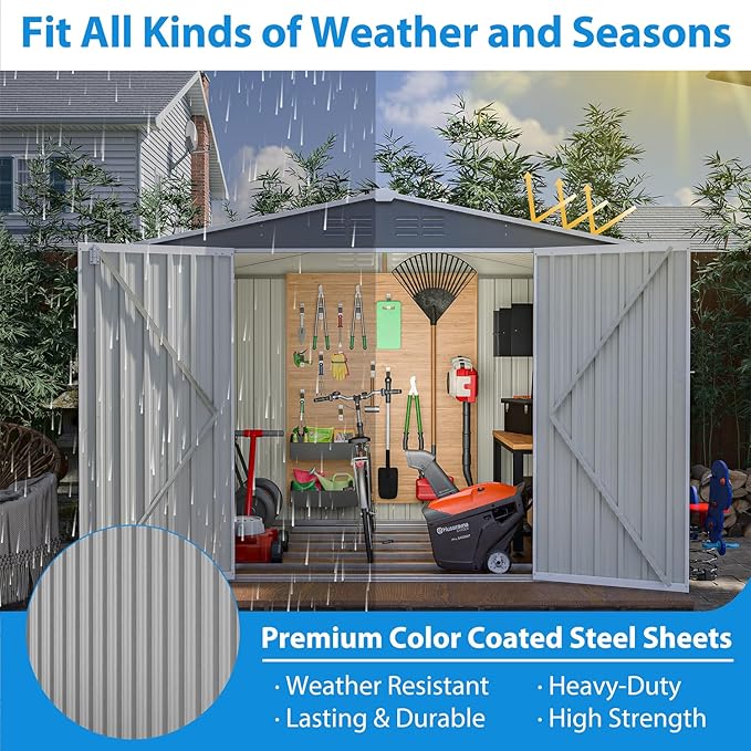 8x6 ft Outdoor Waterproof Metal Storage Shed with Foundation Floor Frame, Lockable Hinged Doors & Air Vents, All Weather Garden Tool Shed for Backyard Lawn, Galvanized Steel - Grey