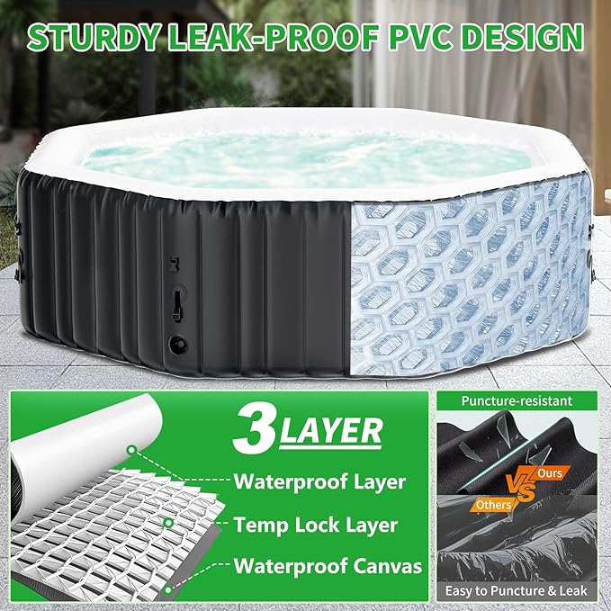 4-6 Person Inflatable Hot Tub, Polygon Portable Blow Up Hot Tub, Leak-Proof PVC Outdoor Spa with 130 Strong Air Jets, Heater Pump and Insulated Cover, 77” X 77”X 25”