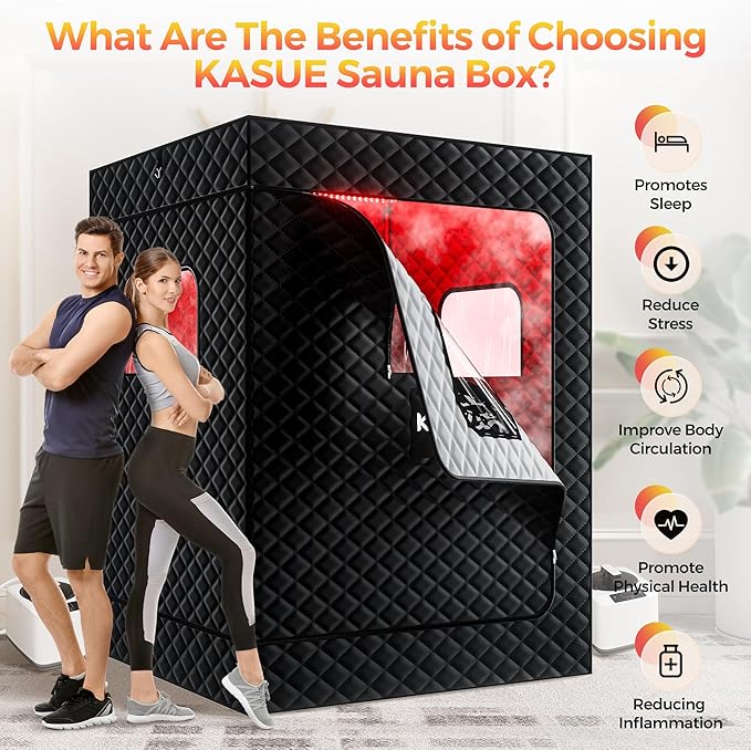 Upgraded 2 Person Sauna Box, Portable Infrared Sauna with 5-Layer Waterproof, 2 Steamers, 2 Folding Chair, 71”x 36”x 49” for Indoor, Outdoor, Gym, Spa, Carbon Black