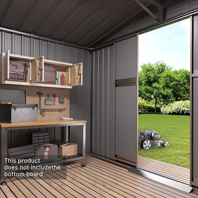 Gotland 8FT x 6FT Sheds & Outdoor Storage, Metal Shed with Sloped Steps Waterproof Sloped Roof, Storage Shed with 2 Lockable Slide Doors, Outdoor Shed for Backyard Patio Lawn Brown