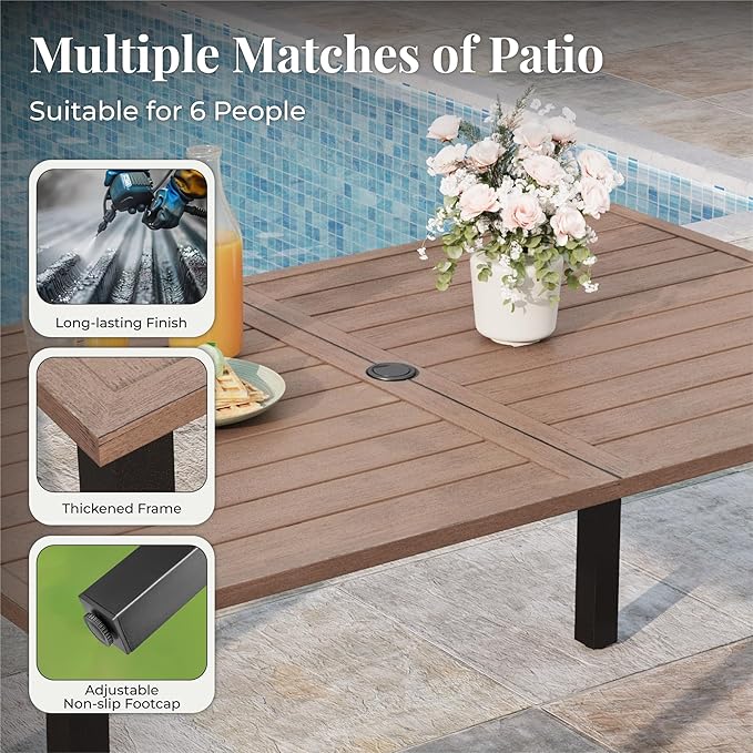 Patio Table and Chairs Set, Outdoor Dining Set for 6 with Blue Chairs and Teak Color Tabletop Outdoor Dining Table, 7-Piece Patio Furniture Set for Deck Backyard Lawn