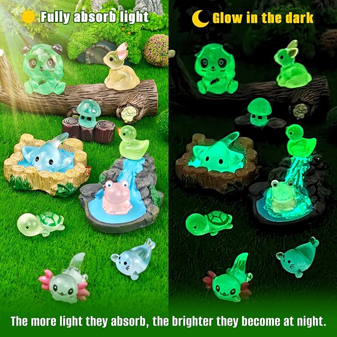120 Pcs Luminous Mini Resin Animals Glow in The Dark Small Little Tiny Resin Figurines Ducks Axolotls Pandas Garden Miniature Figures for Crafts Micro Landscape Decoration Fairy Garden Accessories