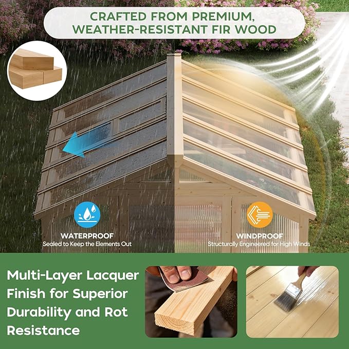 6 * 8 FT Wood Greenhouses for Outdoors Heavy Duty, Outdoor Greenhouse Kit with Adjustable Roof Vent and Reinforced Panels, Walk in Polycarbonate Greenhouse for Outside Garden & Backyard, Light Honey